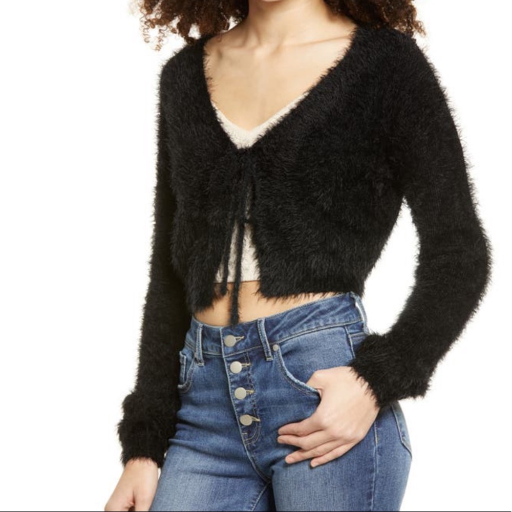 LULUS Fuzzy Tie Front Crop Cardigan In Black